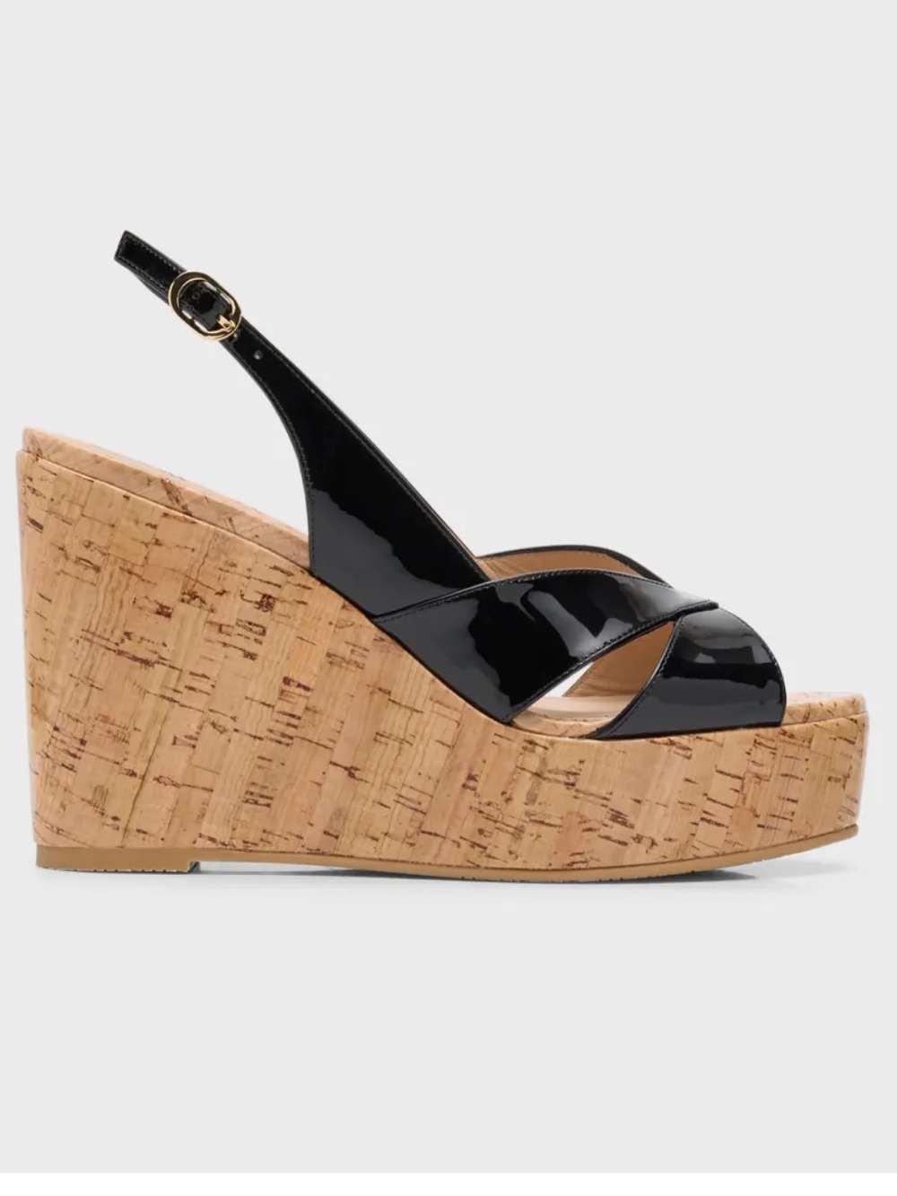 Stuart Weitzman Carmen Black Patent Cork Wedge Sandals - Women's Slingback NEW